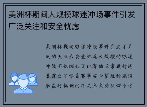 美洲杯期间大规模球迷冲场事件引发广泛关注和安全忧虑
