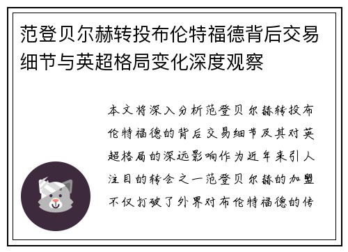 范登贝尔赫转投布伦特福德背后交易细节与英超格局变化深度观察